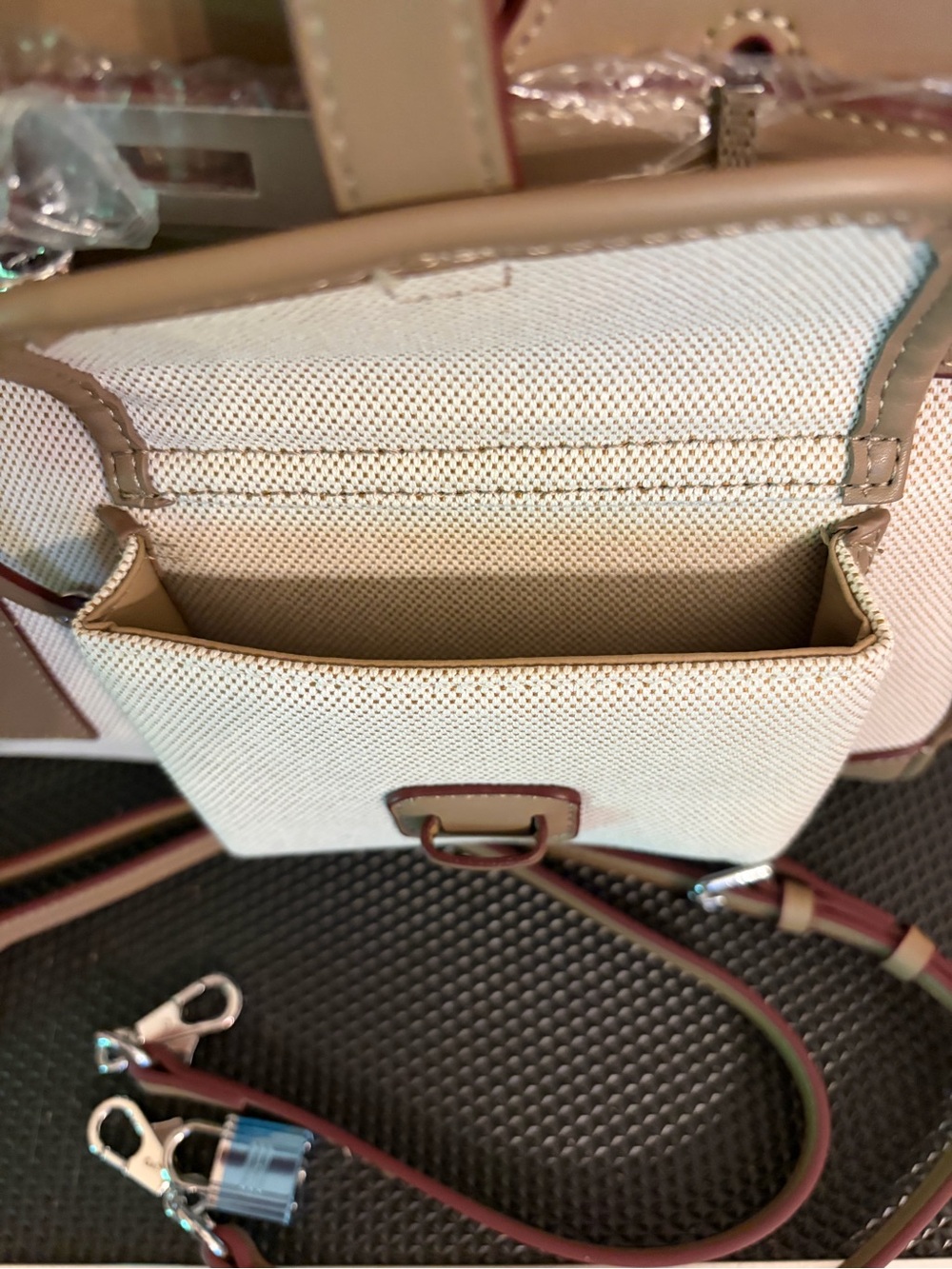 30cm Taupe and Cream Structured Canvas Tote Bag with Top Handles - Picture 3 of 13